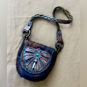 Vintage purse 1970’s leather hand tooled turquoise antler purse Bohemian Hippy